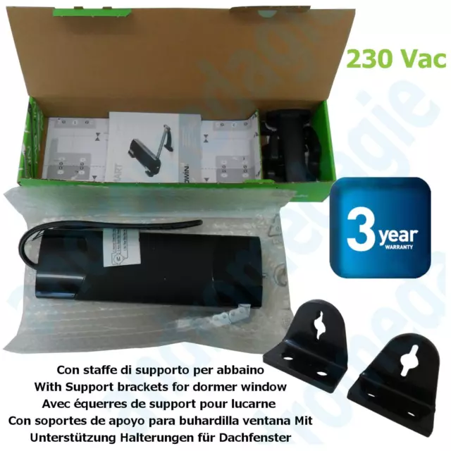 SMART 230V NEGRO + SOPORTES PARA CLARABOJOS Actuador para ventana de techo domos