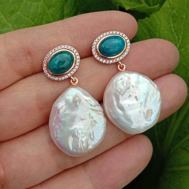 Freshwater Cultured Keshi Pearl Coin Shape Blue Apatite Cz Pave Dangle Earrings