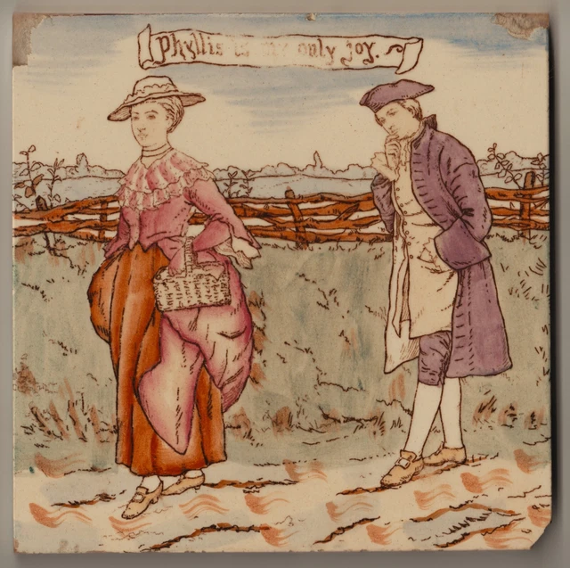 Tile Hand Coloured Transfer Printed Arts & Crafts Design C.1890 6" Sqx 3/8"Thick