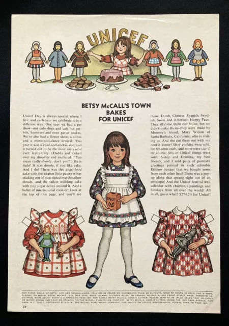 Betsy McCall Mag. Paper Doll, Betsy’s Town Bakes for Unicef, Oct. 1972, VTG