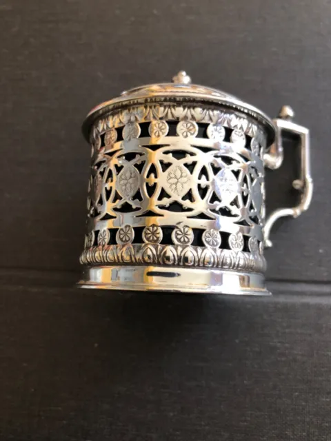 Vintage Silver Tone Open Work Mustard Pot with Glass Insert