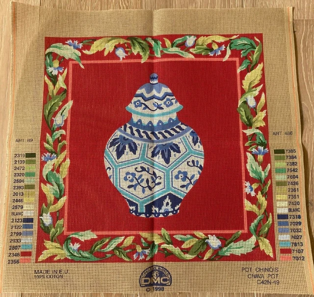 Olla china de lona de inspiración asiática DMC Needlepoint 10 unidades 16 x 16