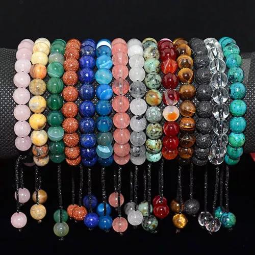 Handmade Men's Women's 8mm Natural Gemstones Macrame Beads Bracelet Adjustable