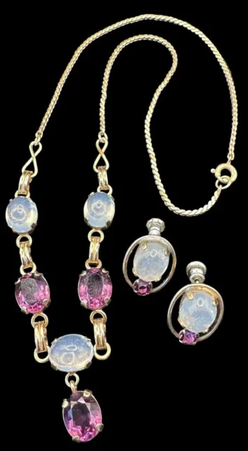 Vtg VAN DELL 12k Gold Filled Moonstone Cabochon & Amethyst Necklace & Earrings