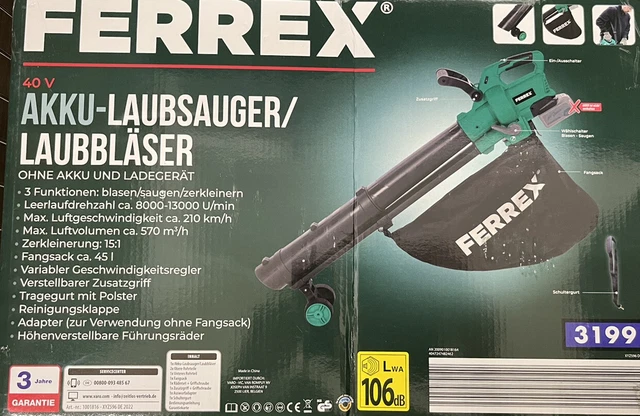 FERREX AKKU LAUBSAUGER Laubbläser Häcksler Schredder mit 45 Liter