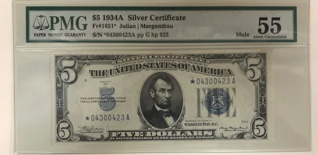 1934A $5.00 Silver Certificate STAR NOTE PMG AU55 Mule