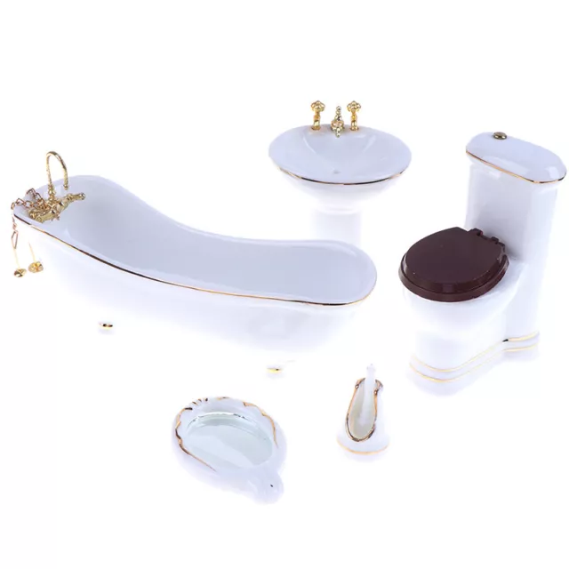 5Pcs 1:12 Dollhouse Miniature Porcelain Bathroom Set Toilet Basin Bathtub Mi  ZT