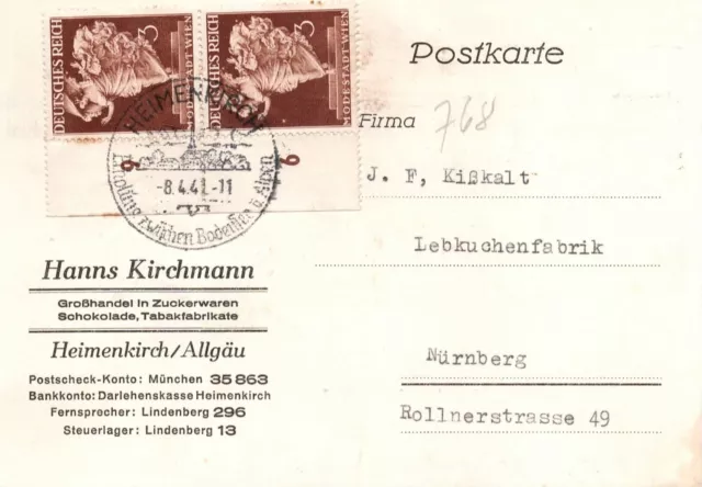 Deutsches Reich Mi.Nr.768 Paar auf Postkarte Heimenkirch Sonderstempel 8.4.41 