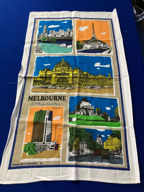 Vintage Australia Kitchen Tea Towel Cotton MELBOURNE Souvenir Landmarks 1980s