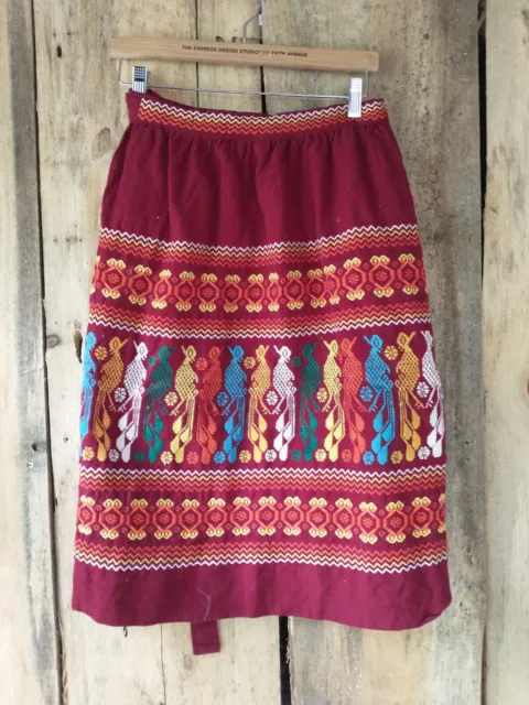 Vintage Folk Skirt Peacock Paulina's Guatemala One Size Burgundy Red