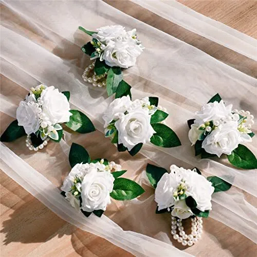 Meldel White Ivory Rose Prom Wrist Corsage for Wedding Set of 6 Bridesmaid Br...