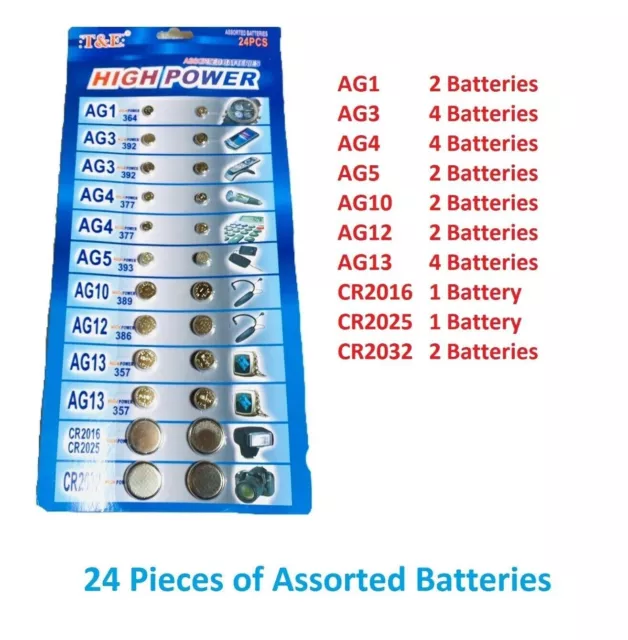 24 Pcs Assorted Coin Cell Battery Watch Calculator Button Toys Batteries Set UK