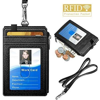 ELV Badge Holder with Zipper, PU Leather ID Badge Card Holder Wallet with 5 Card