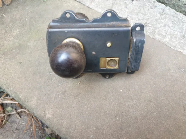 Old/vintage metal door rim lock, wood handles & Brass backplate & keep