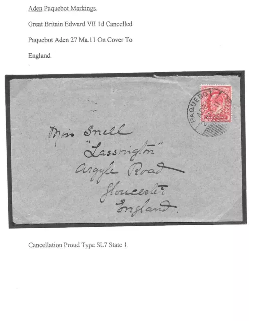 Aden Paquebot Cancel On G.b. Edward Stamp. Cover 1911  To U.k.
