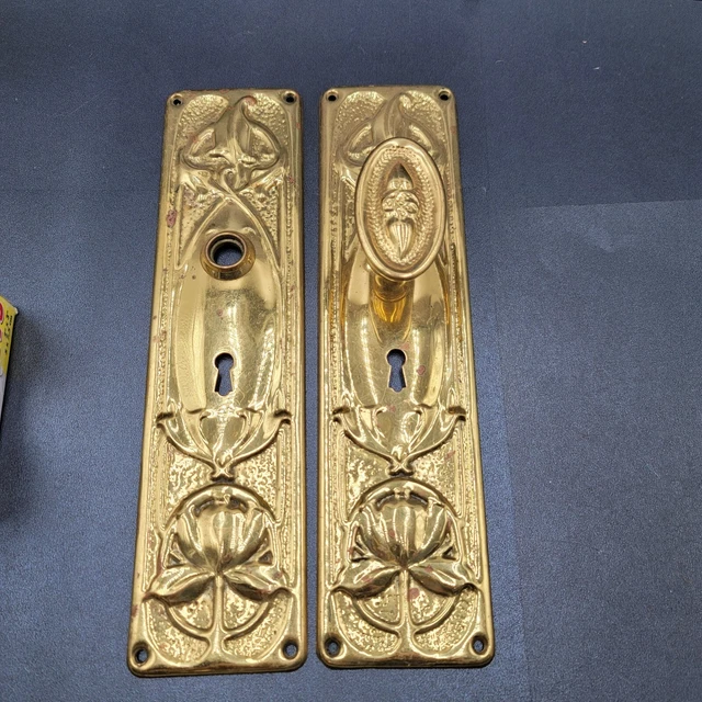 Vintage Brass Reproduction PAIR Doorknob Back Plates 1 Knob 11.75" x 3"