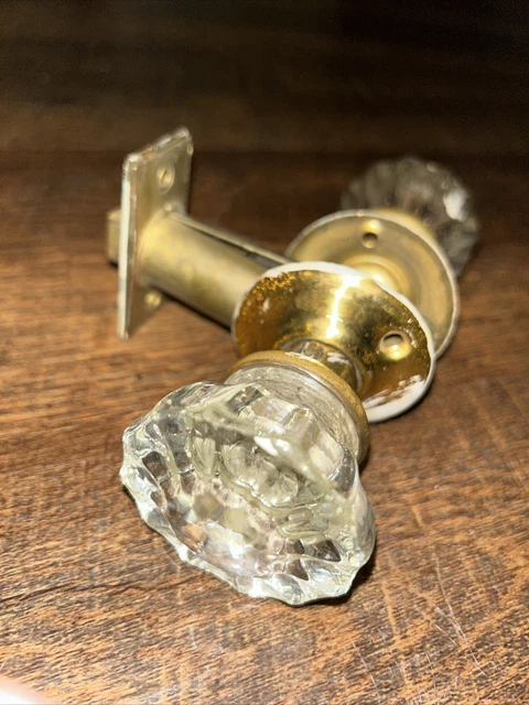 Vintage Antique Crystal Door Knob Set W/ Brass Hardware Clear Glass 2"