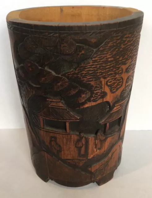 Antique 10" Chinese Hand Carved Wood Bamboo Brush Pot