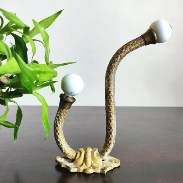 1920s Vintage Victorian Double Ceramic Knob Ornate Brass Wall Hanger Hook