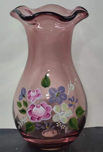 Teleflora Fenton 8" Ruffled Purple Amethyst Glass Vase, Hand-Painted Flowers