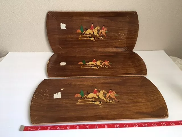 Vintage TV tray set Wood Veneer Hasko Lithograp