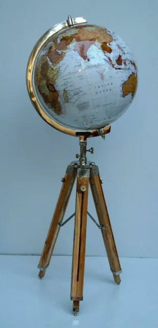 Floor World Globe With Wooden Tripod Stand 18" Big Modern Map Atlas Globe Decor