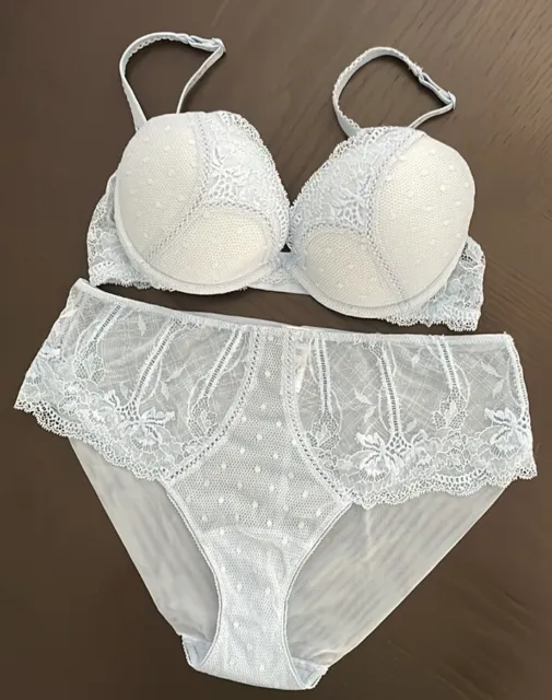 NWOT La Perla Italy Baby Blue Lace Push Up Bra Panty 34C L $469