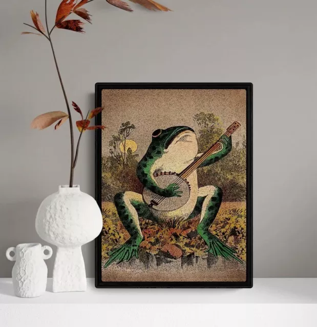 A Frog Playing Banjo in The Moonlight Vintage Poster, Art Deco, Vintage Print