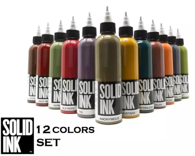SOLID Tattoo Inks Professional Opaque Earth Set of 12 Colors 1 oz 30 ml Bottle