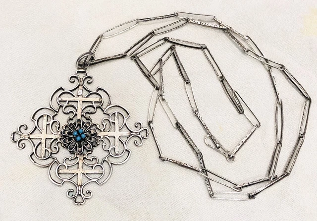 Antique Vintage 800 Silver Blue Turquoise Maltese Handcrafted Jewelry Cross