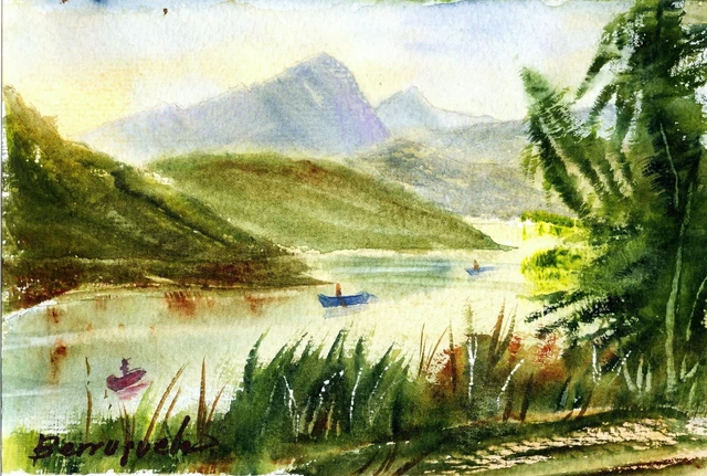 PINTURA A LA ACUARELA ORIGINAL de BERRUGUETE “Pantano de Riaño soleado” Watercol