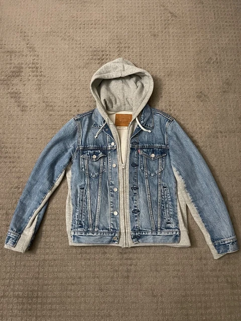Men's Small - Levis Premium Hooded Trucker Denim Jean Jacket (Blue/Grey)