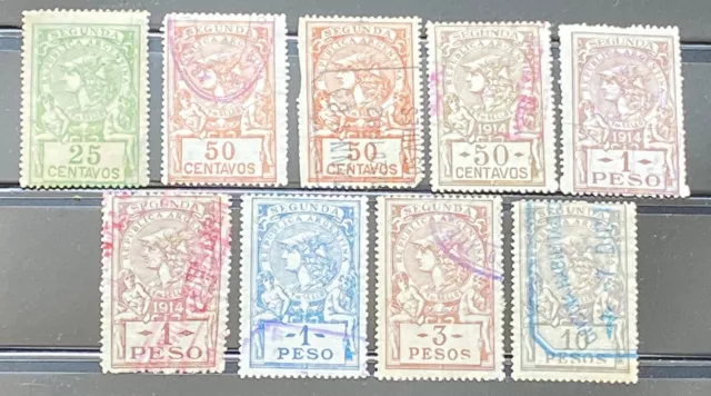 ARGENTINA REVENUE STAMPS EARLY 1900s-SEGUNDA-STAMP DUTY-BOB- 25C-10P-(9 STAMPS)