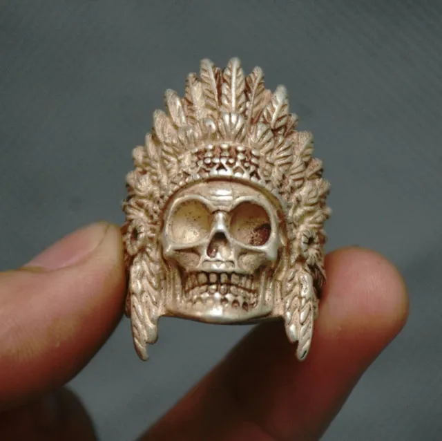 3.5cm Old Chinese Tibetan Silver human skeleton King Skull Head Hand Ring