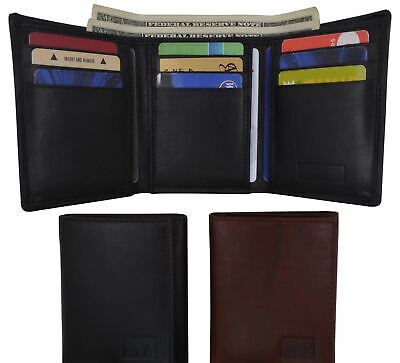 Mens Genuine Leather Card Holder Trifold Wallet W/ Outside ID Window by Cavelio