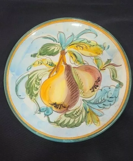 Vtg ITALIAN MAJOLICA  ART POTTERY Plate Wall Hanger Plaque Hand Painted Pears