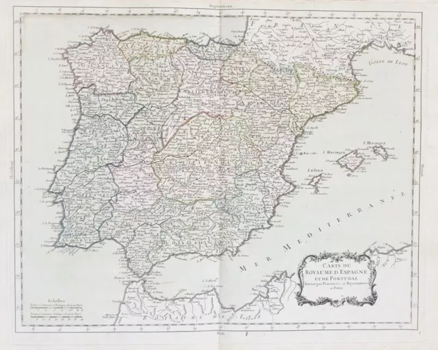 Espana Spain Spanien Espagne Portugal mapa grabado map Karte Bourgoin 1770