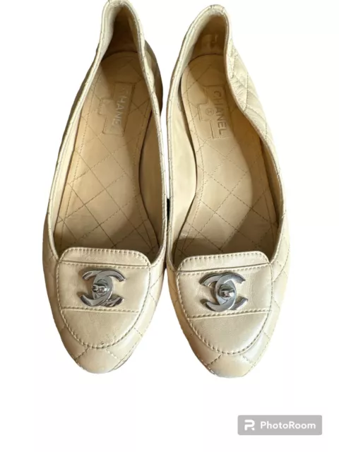 Chanel Beige Quilted Loafer Flat With Silver  CC Accent 2