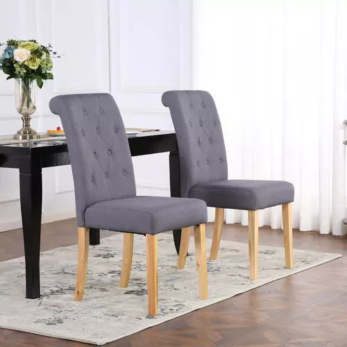 Premium Linen Fabric Dining Living Room Chairs Scroll High Back Dark Grey