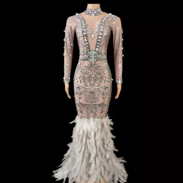 SPARKLY RHINESTONES WHITE Feather Tail Dress Women Evening Prom $200.97 ...