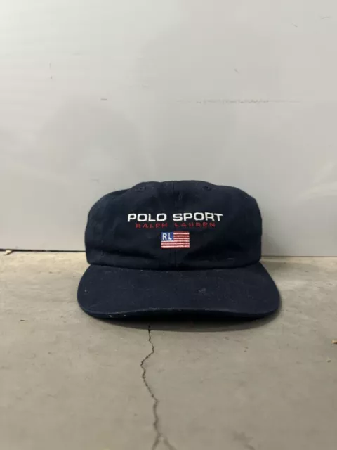 Vintage Polo Sport Ralph Lauren USA Flag Navy Blue Strapback Buckle Hat Cap