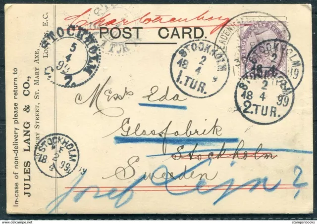 1899 GB 1d Lilac, Jules Lang & Co. London postcard - Stockholm: 5 diff postmarks