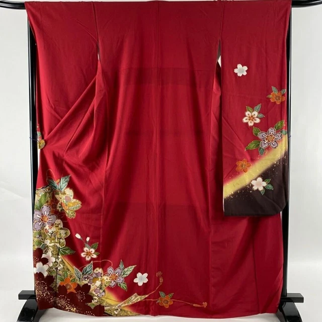 Japanese Kimono Furisode Pure Silk Cherry Blossom Gold Paint Red Color