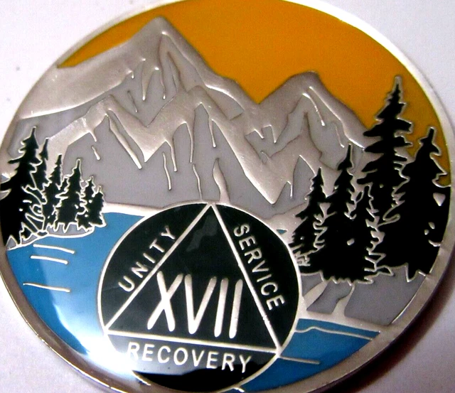 Moneda medallón de plata azul montaña verde Alcohólicos anónimos 17 años AA ficha
