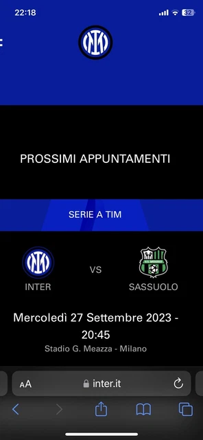 Inter / Sassuolo 27/09/2023 Secondo Anello Blu Settore 215 Tdt Biglietto
