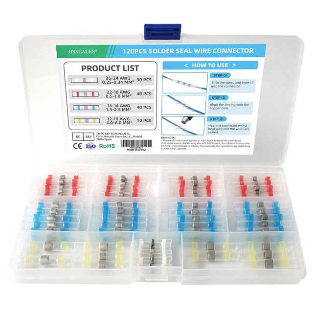 Kit 100 Connecteurs Thermorétractables RUNCCI-YUN - Pour Fils Automobiles Et Motos - Mâle/femelle - Jaune, Bleu, Rouge
