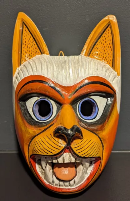 Tiger / Cat Wooden Mask 9" Hand Carved & Painted Mexican Folk Art