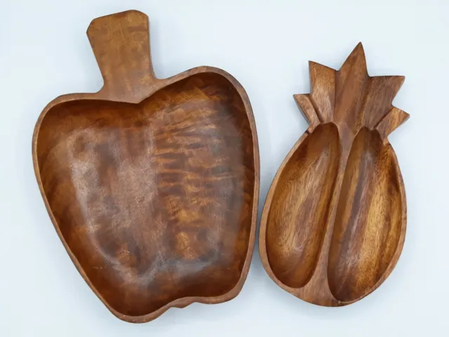 Apple & Pineapple Divided Wooden  Serving Dishes Tray Platter - Luau Lot of 2