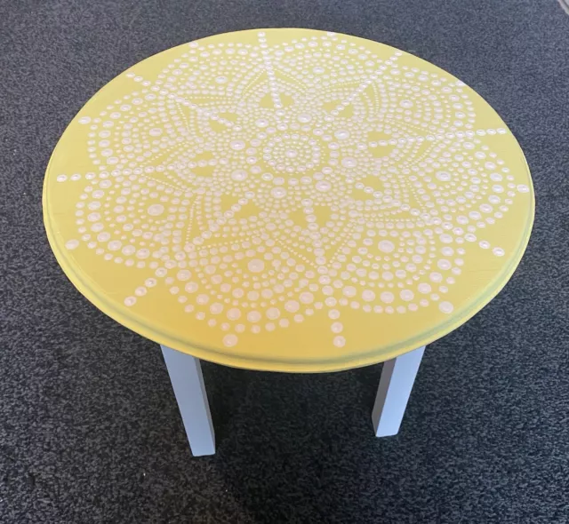 Upcycled Round Side / Coffee Table With Hand-Painted Mandala Top Yellow & White