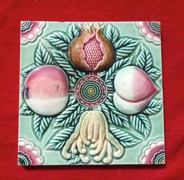 1 Piece Old Art Deco Fruits Embossed Design Majolica Ceramic Tiles Japan 0292